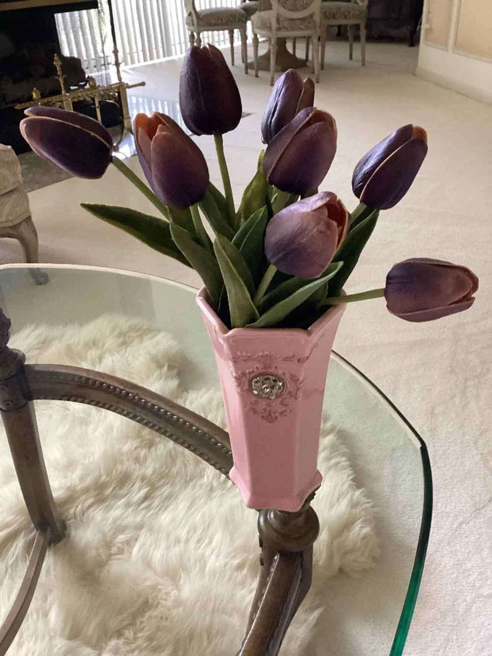 8 Real Touch Tulips in Beautiful Jewel Crested Vase